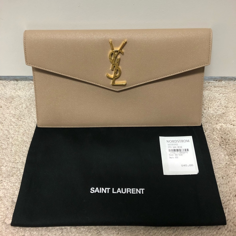 Yves Saint Laurent Beige Envelope Clutch with Gold Hardware